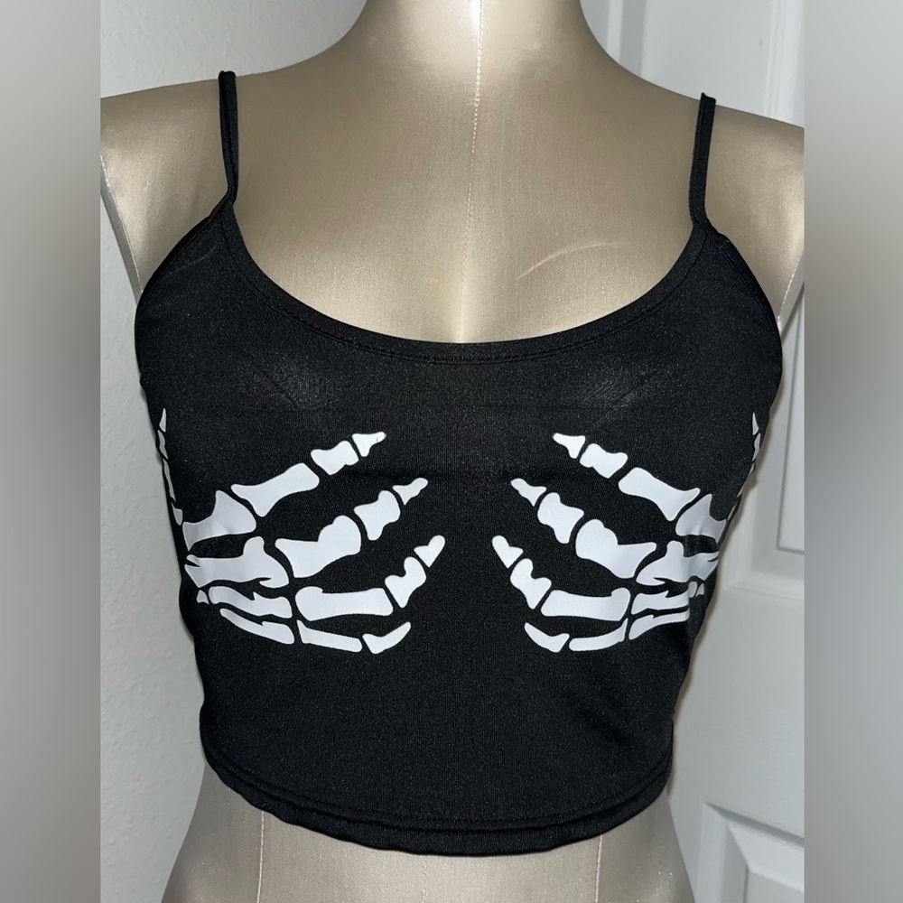 SHEIN NWOT Black Crop Top with Skeleton hands Print